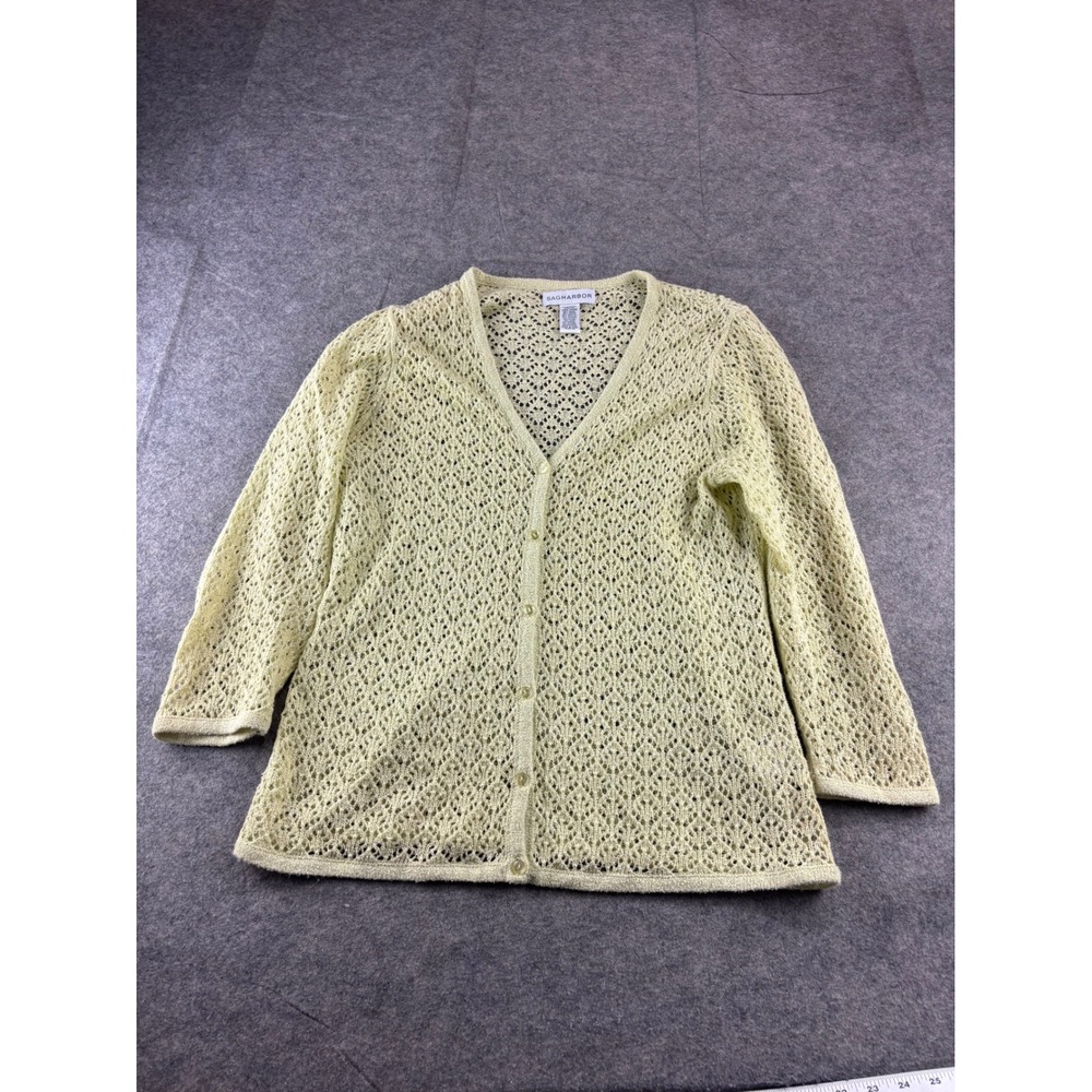 Sag Harbor Womens L Pale Green Knit Pointelle Cardigan Sweater Whimsy Fairy Y2K